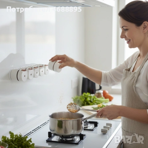 Магнитни стъклени буркани за подправки 6 броя – Стилен комплект за подредена кухня, снимка 2 - Други - 53659801