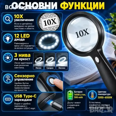 Ръчна лупа 10X с LED, 12 диода и Type-C зареждане, снимка 2 - Други инструменти - 56326926