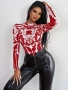 Дамско боди с висока яка и червен флорален принт, снимка 2