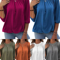 Едноцветна свободна дамска тениска с кръгло деколте и 3/4 ръкави, 8цвята , снимка 1 - Тениски - 44527835