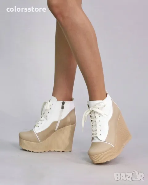 Боти на платформа - бяло с бежово кожа - NO5, снимка 1