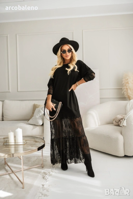 Дамска памучна макси рокля с дантелени вложки, 3цвята , снимка 1