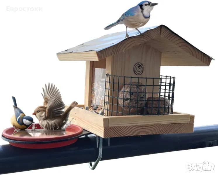 Stafeco Къщичка-хранилка за птици за балкон. Ръчно изработена хранилка за птици от естествено дърво , снимка 1