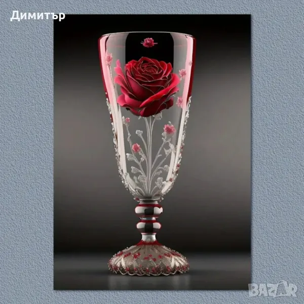 Червена Роза в Стъклена Бутилка - Художествено Платно за Стена, 40х60см , снимка 1