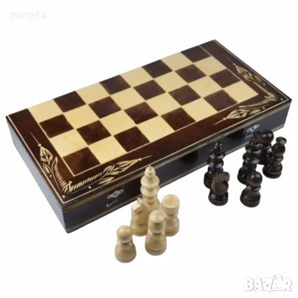 Комплект шах и табла, Дървен, Дърворезбована кутия, Кафяв, 38х38 см, снимка 1