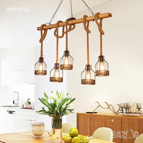Висяща лампа ретро рустик стил, дървена конструкция, черен метал, снимка 4 - Лампи за таван - 40325737