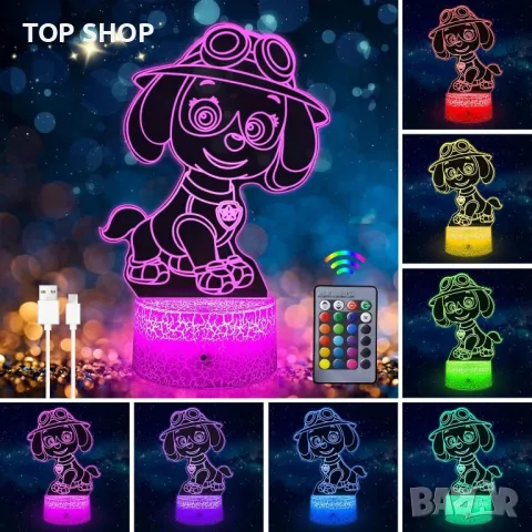 3D LED Paw Patrol илюзионна лампа, 3 плаки, 16 променящи се цвята, снимка 7 - Настолни лампи - 49146200