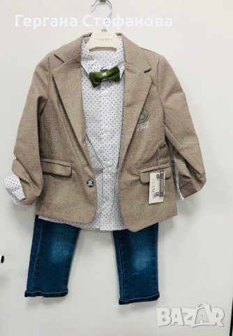 Спортно елегантен костюм Сако ,риза ,дънки и папийонка  Синьо-2г.3г.4г.5г. Бежаво-2г.3г.4г.5г. Цена , снимка 2 - Детски комплекти - 39375313