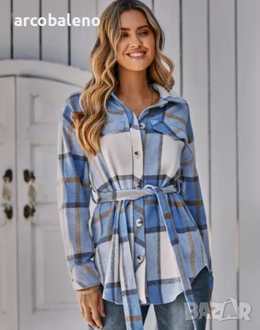 Дамско ежедневно карирано яке с колан, снимка 5 - Якета - 51884154