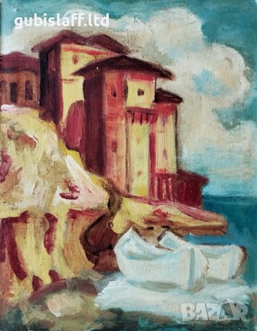 Картина, къщи, море, Созопол, Борис Краев, 1970-те год., снимка 2 - Картини - 32423769