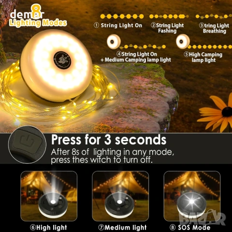 LED къмпинг гирлянди 10 м, 3 в 1, водоустойчиви, 8 режима, топло бяло, снимка 3 - Лед осветление - 53777720