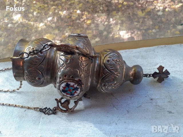 Старо висящо голямо кандило с емайл кадило тамянник, снимка 2 - Антикварни и старинни предмети - 51106710