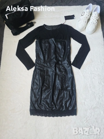 Дамска кожена рокля с ръкави от тюл