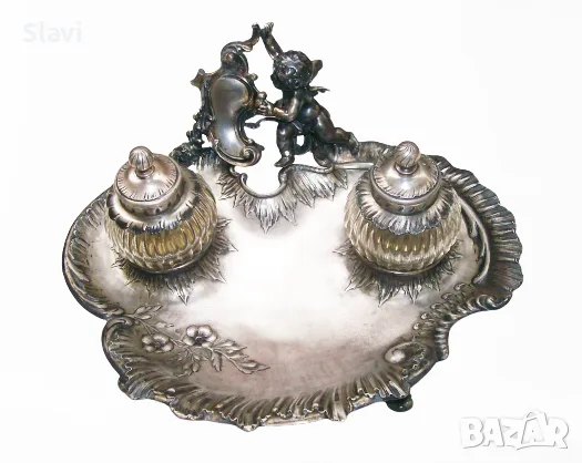 Антикварна мастилница-Antique Silver Plated Ink Well Stand, снимка 2 - Антикварни и старинни предмети - 55741198