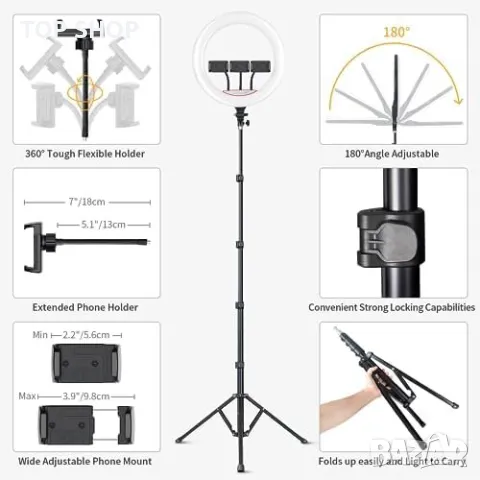 Нов професионална 18 инча LED Ринг Светлина Лампа + Стойка - Идеална за Стрийминг, снимка 5 - Чанти, стативи, аксесоари - 49249569