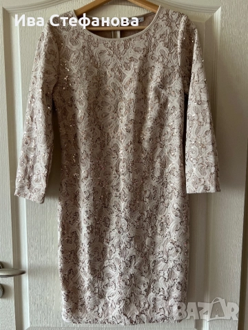 Нова парти коктейлна официална елегантна къса бежова екрю златна рокля пайети паетена , снимка 6 - Рокли - 51847373