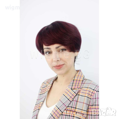 Къса тъмночервена перука от естествен косъм с бретон Мари, снимка 1