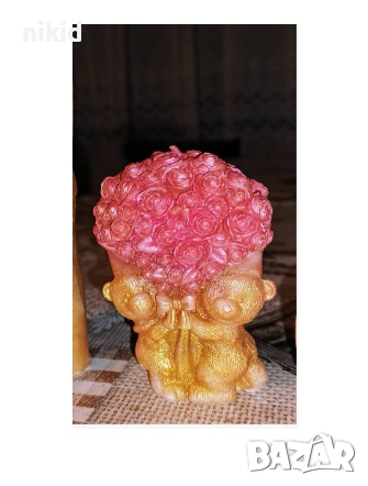 3D 2 мечета мече с букет цветя рози силиконов молд форма шоколад гипс смола свещ Свети Валентин, снимка 2 - Форми - 44781622