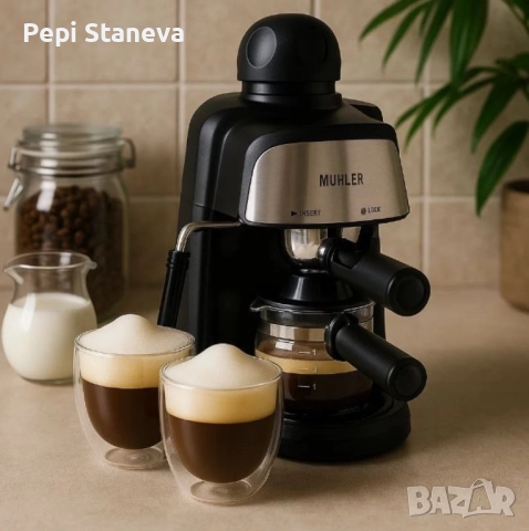 Комплект еспресо машина MUHLER MCM-33 + 2 стъклени чаши , снимка 2 - Кафемашини - 52263730