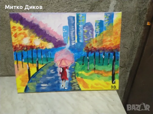 	Картина Цветна разходка под дъжда 40х30см маслени бои подписана, снимка 5 - Декорация за дома - 49069136
