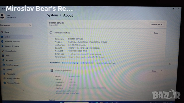 Dell Inspiron 3593 INTEL I3 8RAM / 256 SSD WINDOWS 11 PRO
