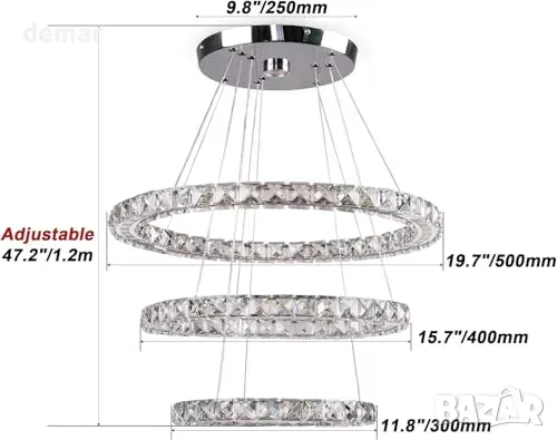 Полилей с LED 3 пръстена и кристални елементи, 50×40×30 см, снимка 2 - Полилеи - 55933439