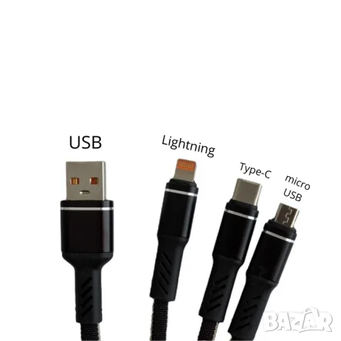 Кабел за зареждане 3 в 1 с 5A и найлонова оплетка, снимка 2 - USB кабели - 55862973
