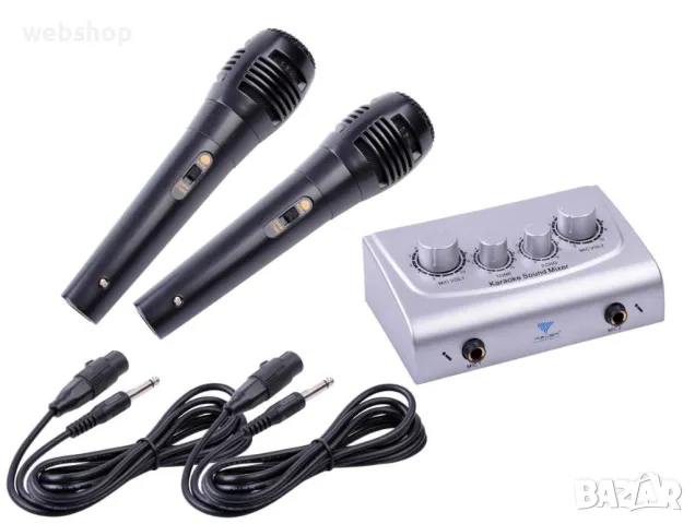 Караоке Миксер пулт 2 канален, 2 микрофонни входа, комплект 2 микрофона, снимка 5 - Ресийвъри, усилватели, смесителни пултове - 49939117