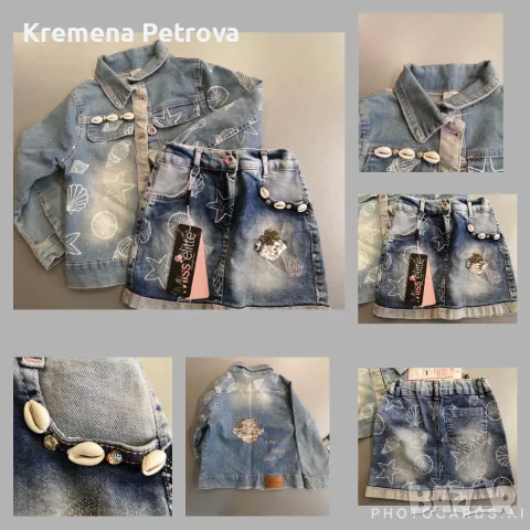 Комплект от дънково яке и нова дънкова пола с мотиви на морски звезди и раковини, Miss Elite, 5годин