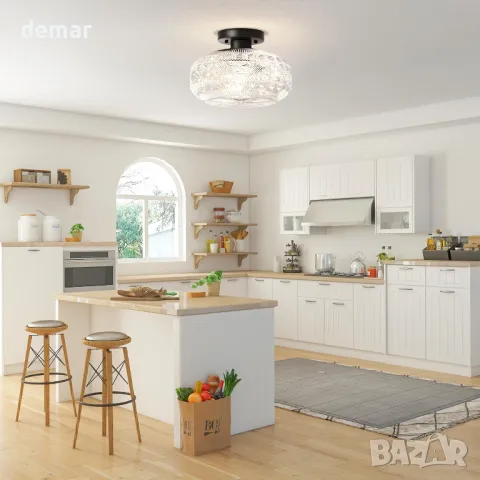 Полуизравнена таванна лампа APOTO, черна, глобус стъклен абажур, крушка не е включена, снимка 8 - Лампи за таван - 48851695