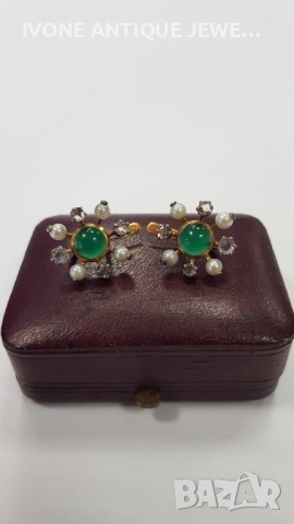 Златни обеци с диаманти , хризопрас и перли , снимка 4 - Обеци - 52794249