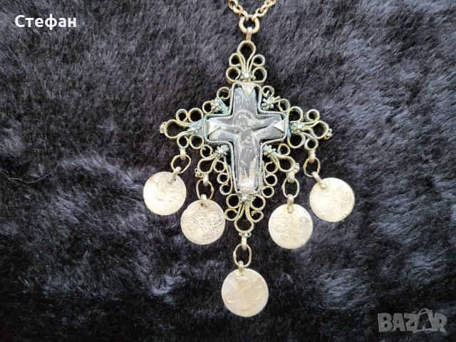Сребърен Възрожденски Двустранен Кръст трепка накит носия, снимка 6 - Антикварни и старинни предмети - 41474548