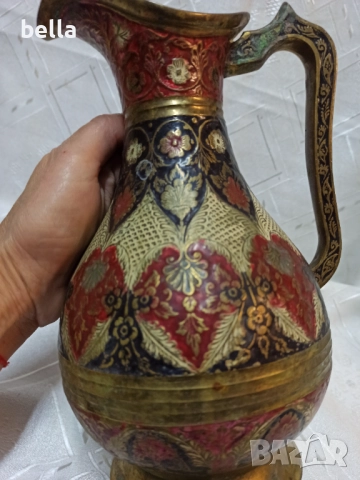 Масивна голяма  месингова кана, украсена със сложни цветни емайлирани и златни шарки-емайлираните де, снимка 4 - Антикварни и старинни предмети - 52771791