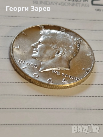 Сребърна монета 1/2 долар 1964 год" Кенеди", тегло 12.50 гр, проба 900/1000, снимка 5 - Нумизматика и бонистика - 52436388