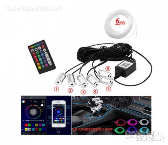 Лед светлини за кола 6м., iOS и Android, 12V, RGB, LED интериорна лента, водоустойчиви, снимка 2 - Аксесоари и консумативи - 33718154