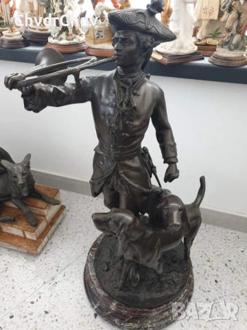 77см-43кг Moreau статуетка-композиция/голяма стара френска скулптура/фигура на ловец с кучета-хрътки