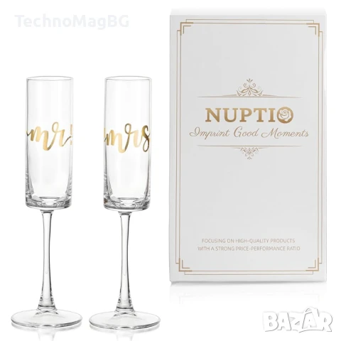 NUPTIO – Комплект от 2 чаши за шампанско Mr & Mrs, златно гравирани, снимка 1