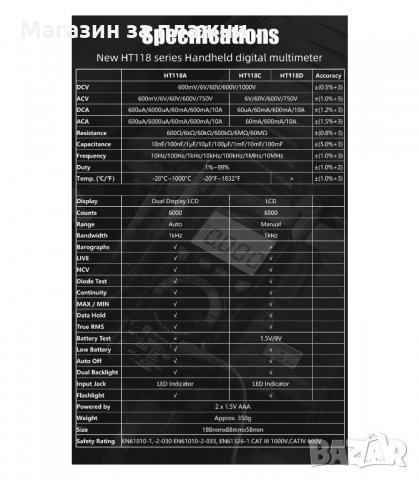 ПРОФЕСИОНАЛЕН МУЛТИЦЕТ HABOTEST HT118A - код HT118A, снимка 8 - Друга електроника - 33895596