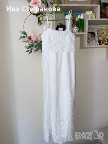 Нова дълга елегантна бяла рокля за всякакъв повод с декорация 3Д орнаменти памук полиестер 