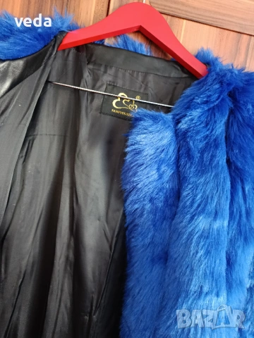 Синьо еко палто с косъм ново размер S , снимка 3 - Палта, манта - 53666243