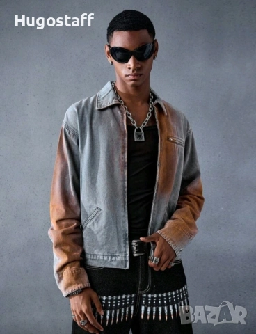 Ново мъжко дънково яке риза с цип спрей деним памук ХЛ, снимка 4 - Якета - 52476730