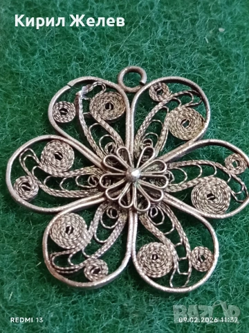 Сребърно цвете филигран, гранулация ръчна майсторска стара изработка 53052