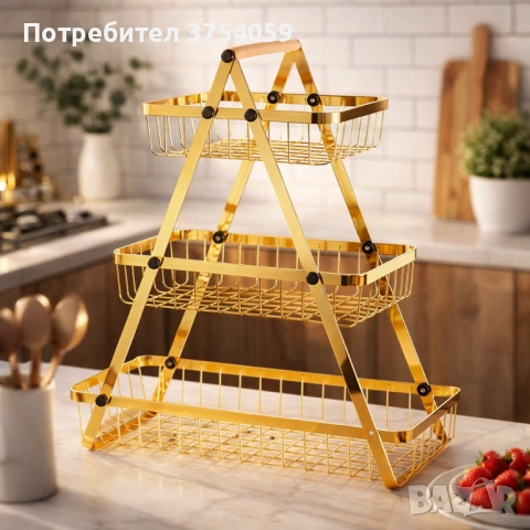 Триетажна метална поставка за плодове Cheffinger – златист дизайн, максимална организация и стил, снимка 4 - Декорация за дома - 53174123