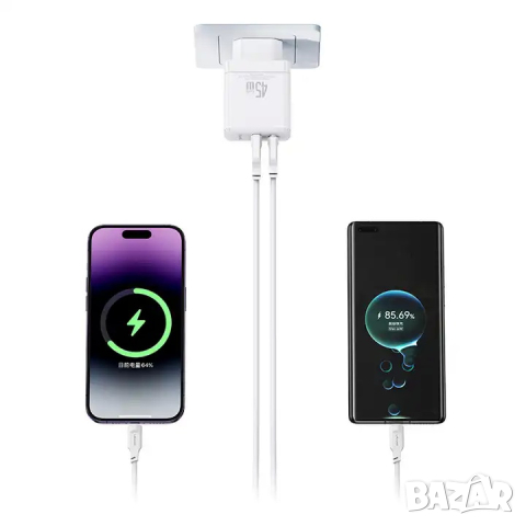 Бързо зарядно USAMS T58 GaN 45W Бяло, снимка 10 - Оригинални зарядни - 44513996