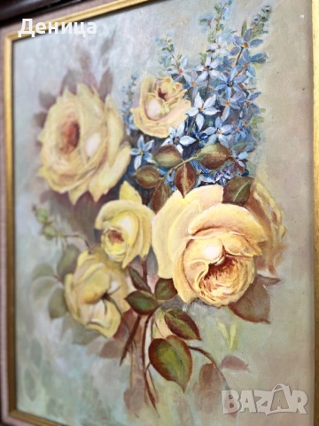 Слънчеви рози и нежни сини звездички  Рисувана върху платно, което е изпънато с фазер и защитено  , снимка 7 - Картини - 53490289