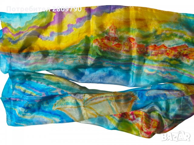 Копринен шал с градски мотиви на Мелницата в Несебър / Silk Scarf with urban motifs of the Mill in N, снимка 8 - Шалове - 34755535
