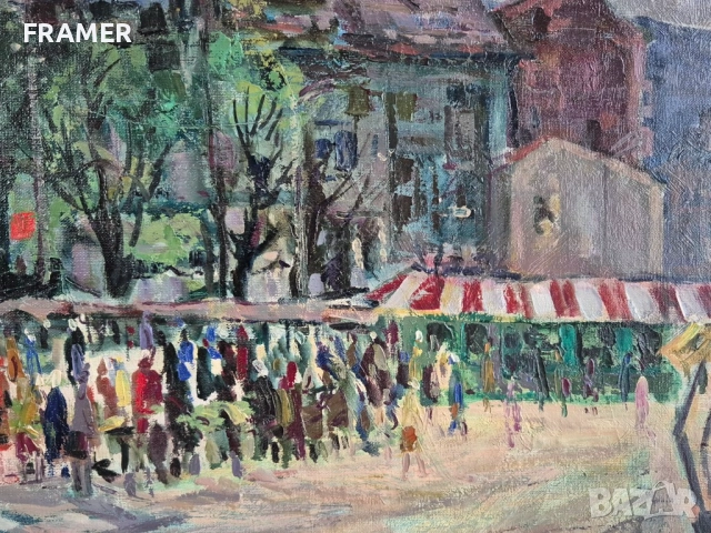 Евгени Томов /1934-2006/ Женскиат пазар София 1974 пейзаж масло, снимка 7 - Картини - 39814797