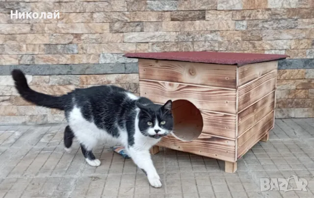 Дървена къща за котки и малки породи кучета , къща за котка куче от дърво котенца кученца