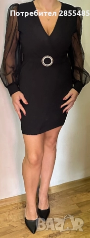 Рокля черна с ръкави от тюл, снимка 2 - Рокли - 52026439