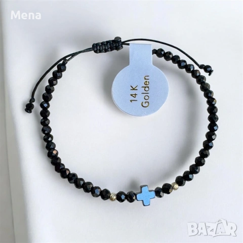 Гривна с кръстче от хематит и две 14 каратови топченца, снимка 3 - Гривни - 53147431